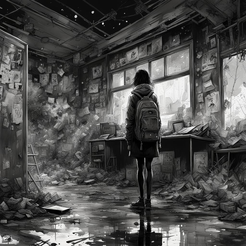Post-Apocalyptic Woman: Black and White Horror Art