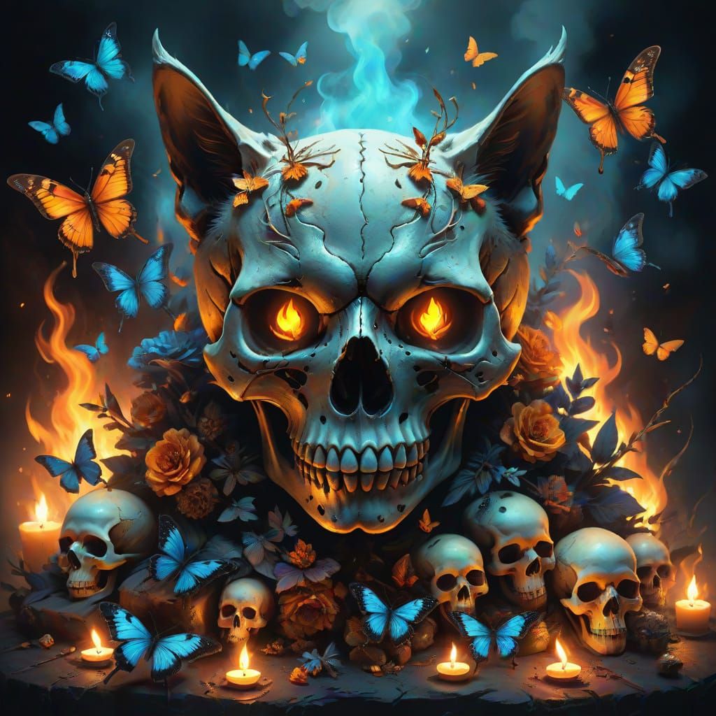 Melancholic Cat in Dark Fantasy Portrait with Skull and Butt...