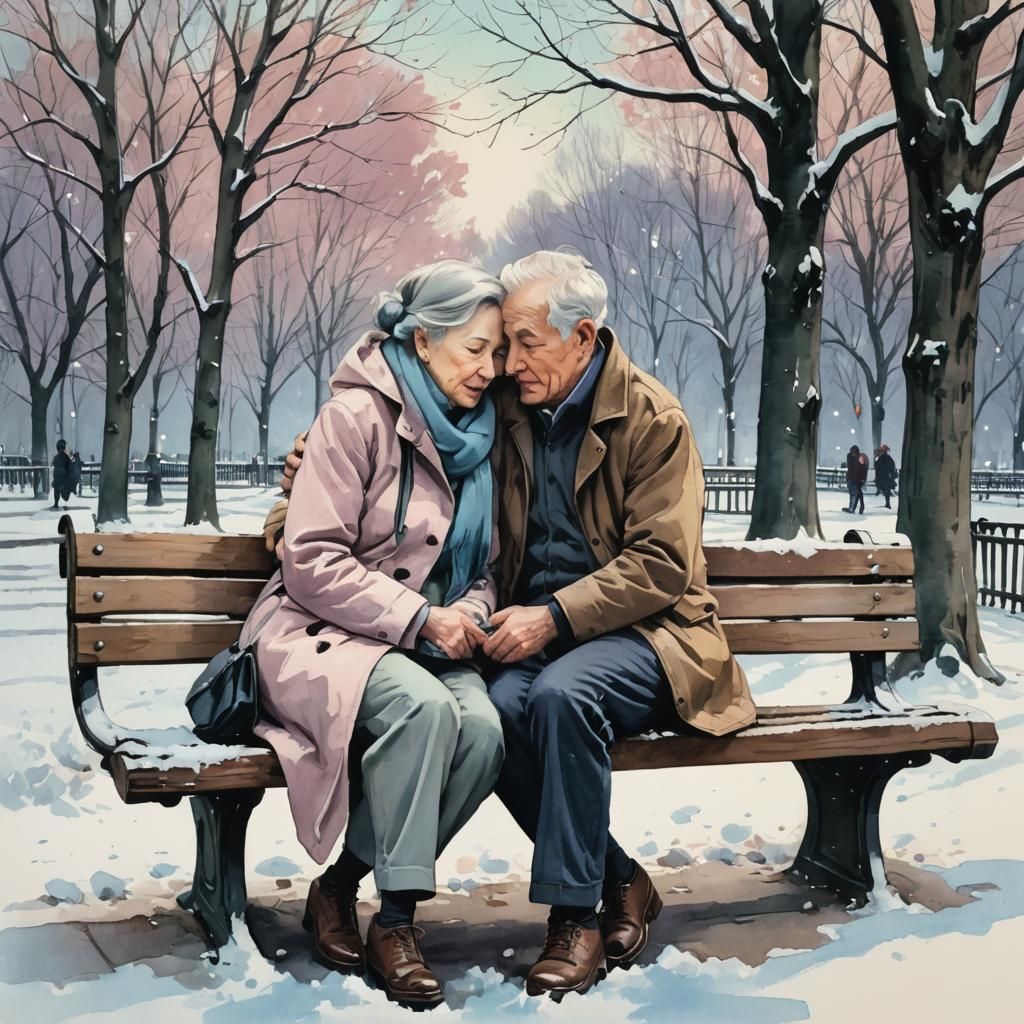 Touching Winter Scene of Elderly Couple in Pastel