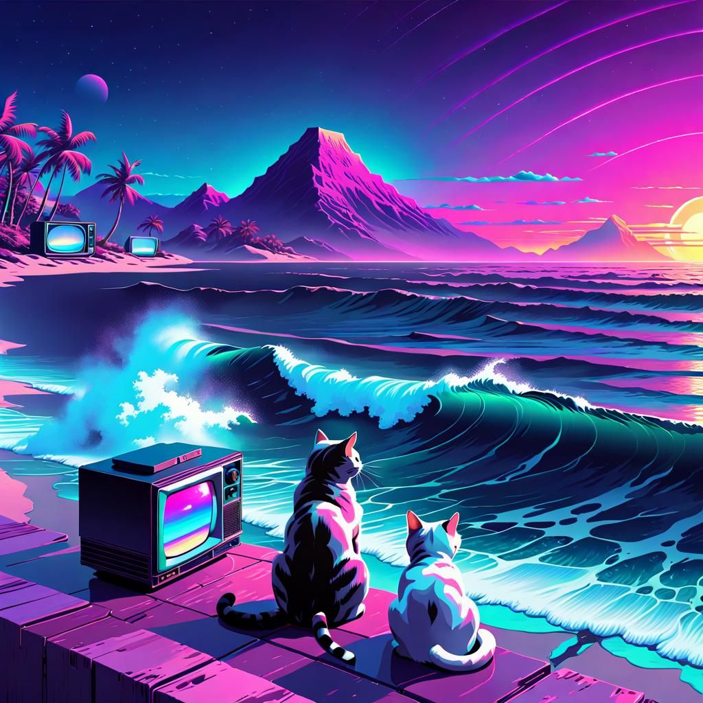 Vaporwave Cat in Liminal Space with Retro Tech