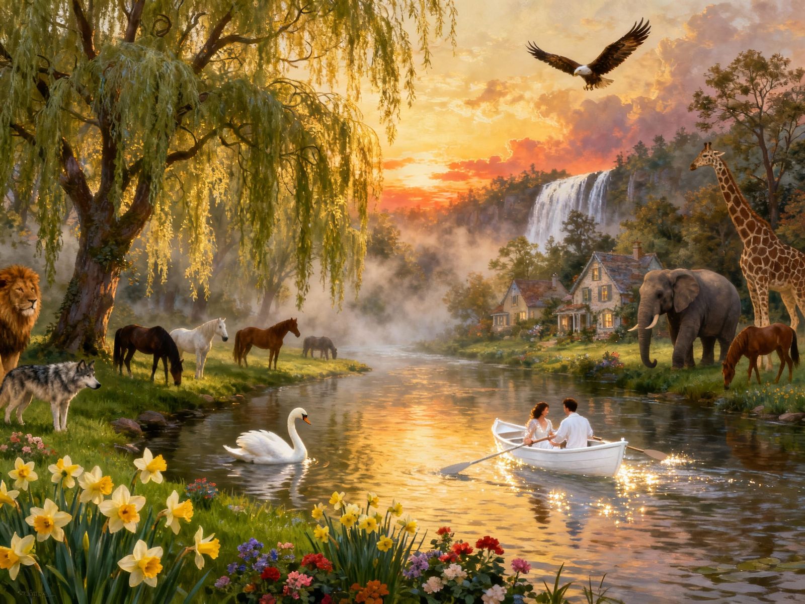 Ethereal Sunset Fantasy Landscape with Animals and Couple