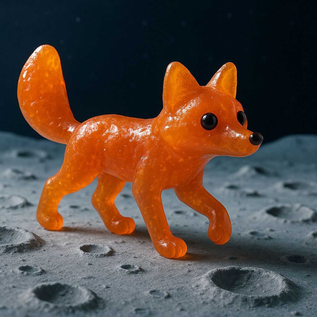 Gummy Fox on the Moon in Clay Animation Style