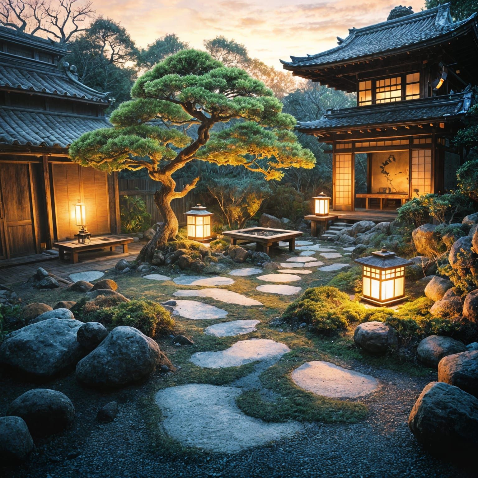 Twilight Zen Garden with Bonsai in Watercolor Style