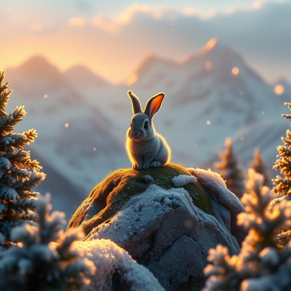 Whimsical Snowy Mountain Scene with Cute Rabbit