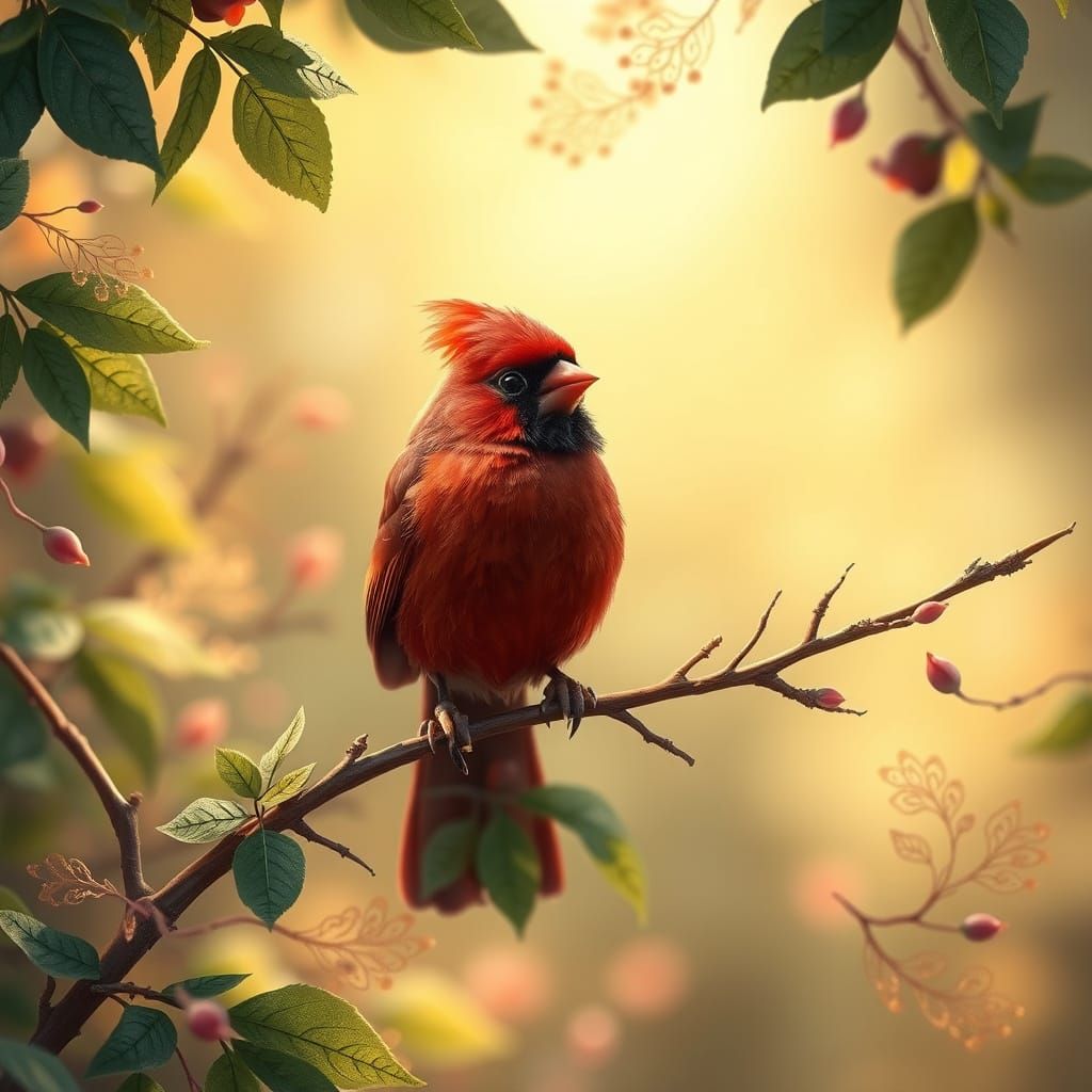 Vibrant Ruby Cardinal in Whimsical Forest