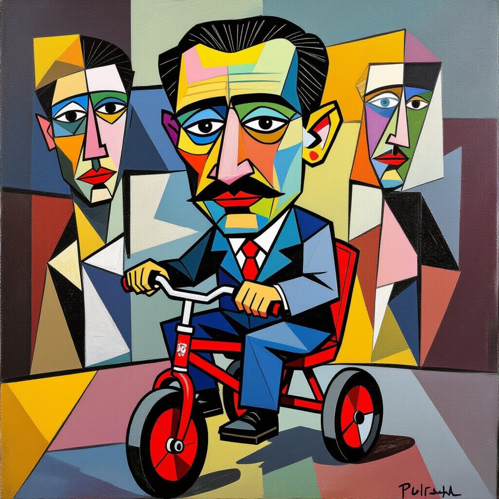 Cubist Caricature of Picasso on Tricycle in Guernica
