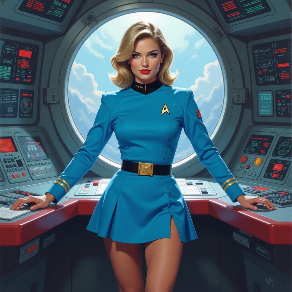 Starfleet Officer at Bridge Console in Oil Painting Style