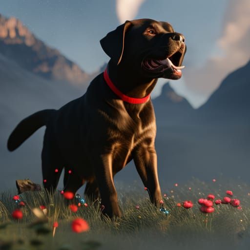 Happy Labrador Puppy with Red Tulips in Hyperrealism