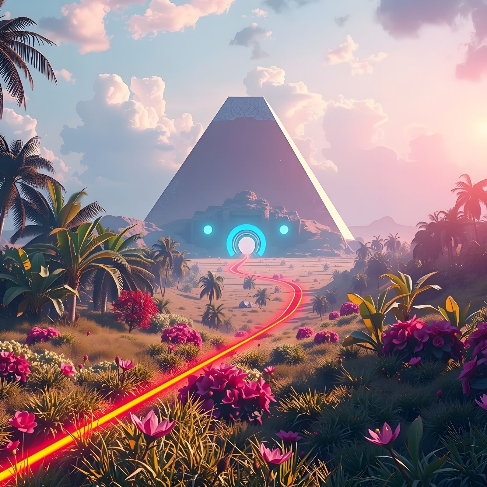 Futuristic Jungle Pyramids with Neon Roads