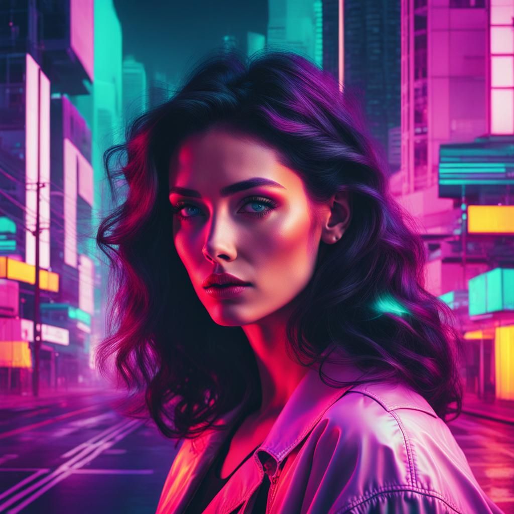 Brunette Woman in Vaporwave 80s Urban Landscape