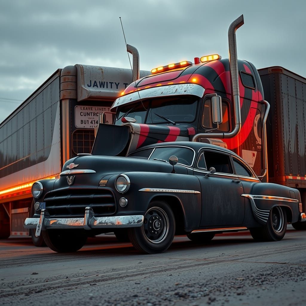 Semi-Truck Collision with Vintage Sedan in Hyperrealistic St...