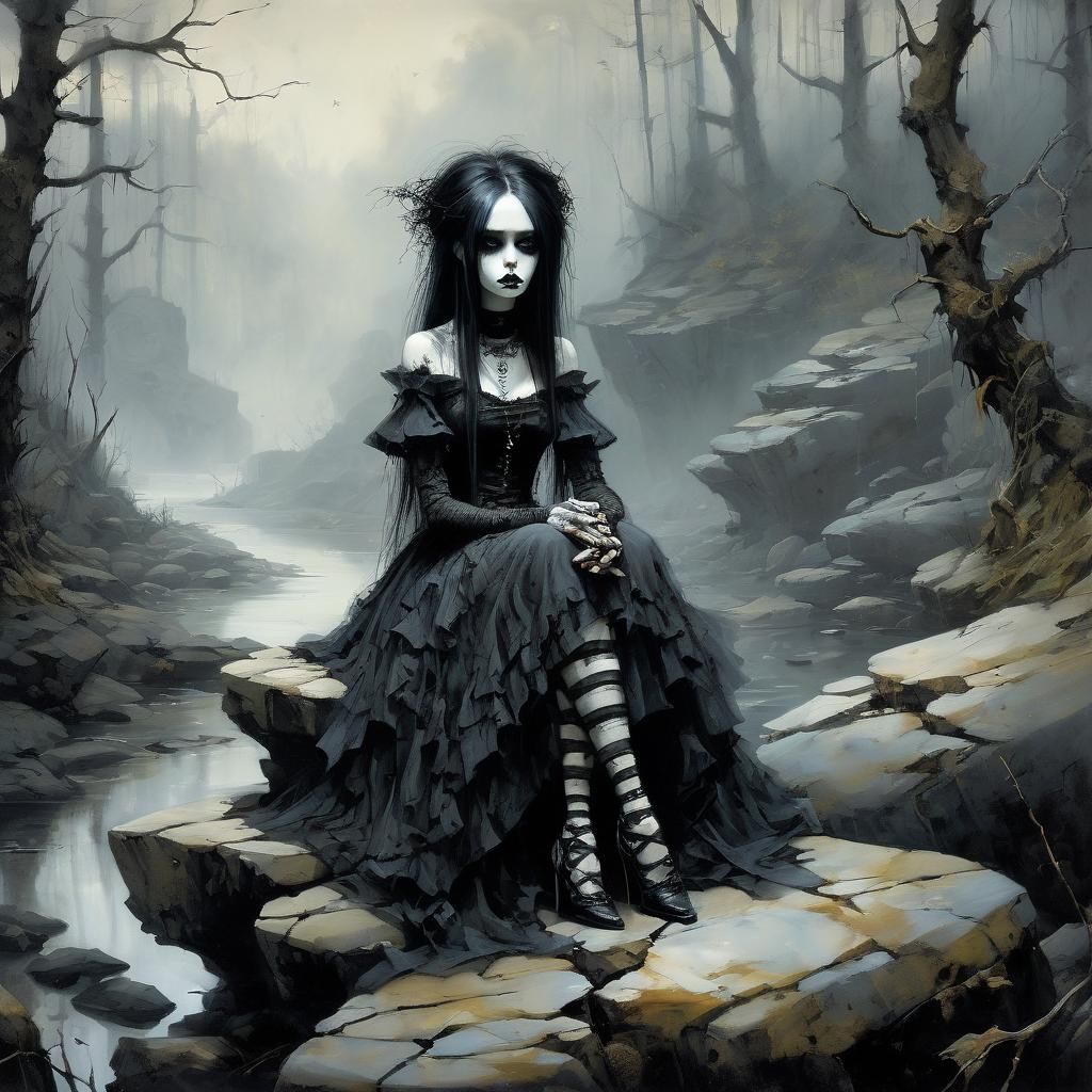 Goth Girl in Forest Brook: Dark Fantasy Art