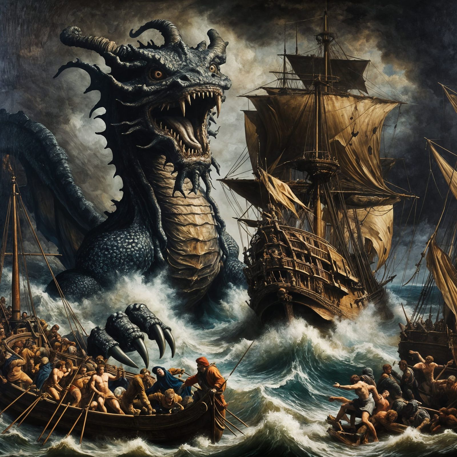 Medieval Sea Monster Battle in Dramatic Oil Painting
