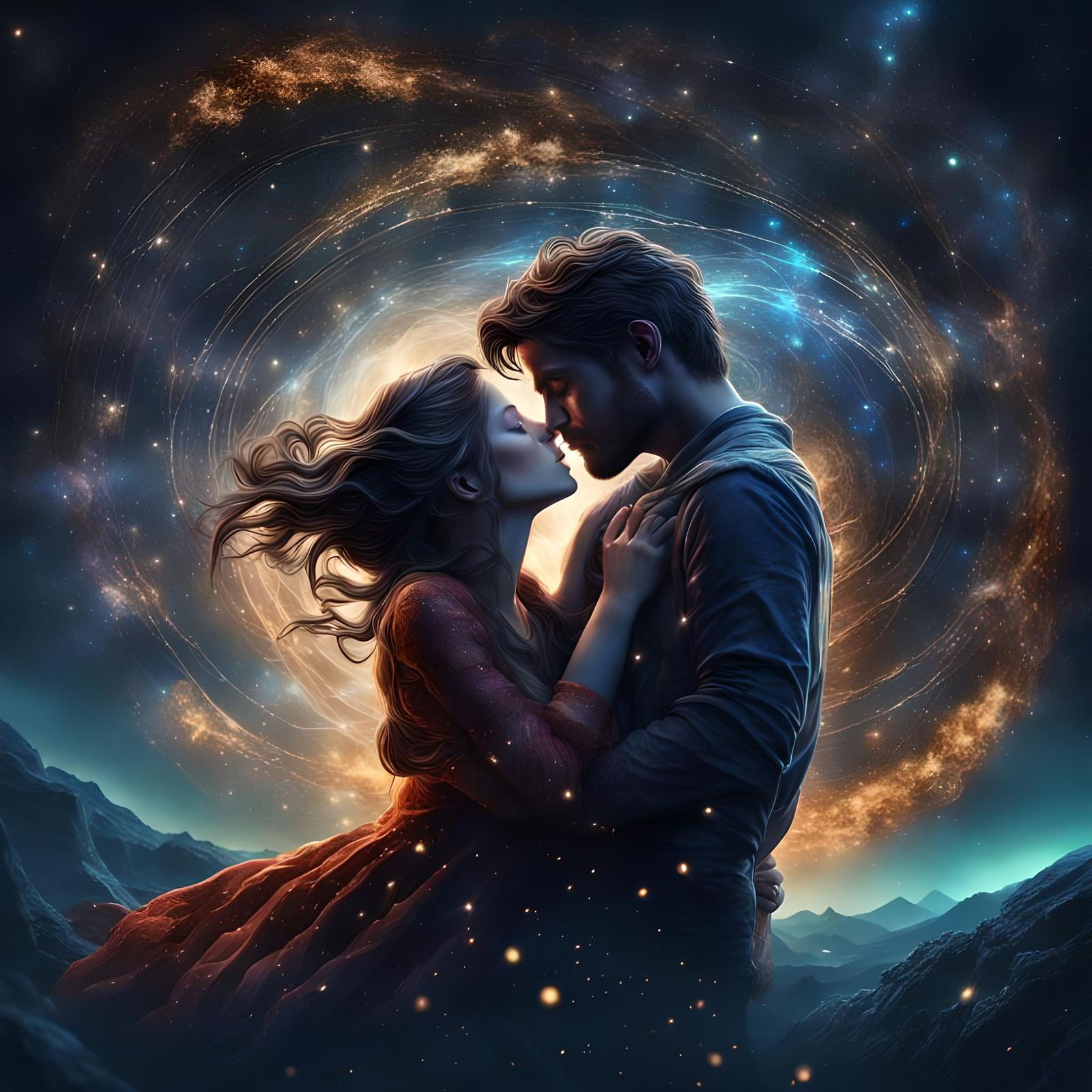 Lovers Kissing Amidst a Starry Universe