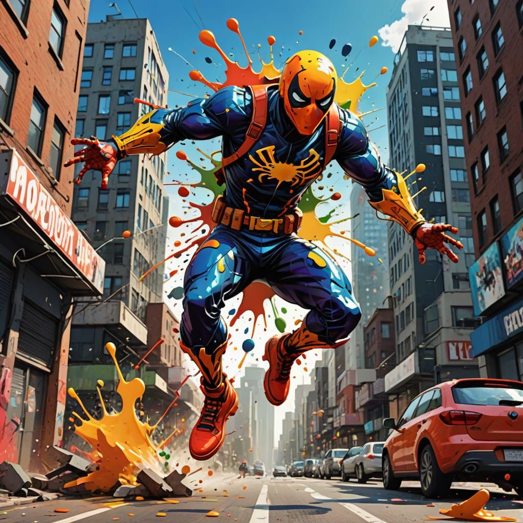 Splat Man Jumps in City: Comic Book Style