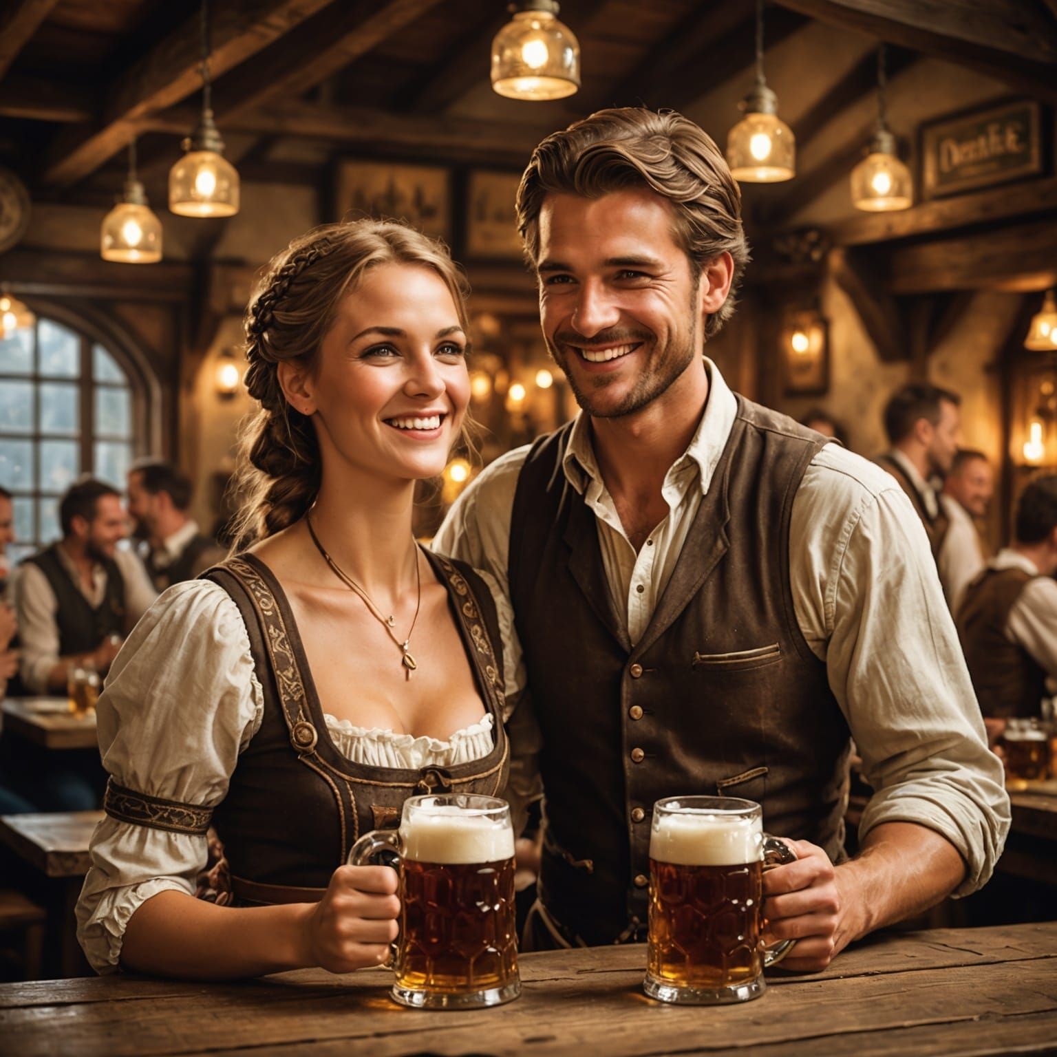 Oktoberfest Celebration in Bavarian Tavern, Atmospheric Ligh...