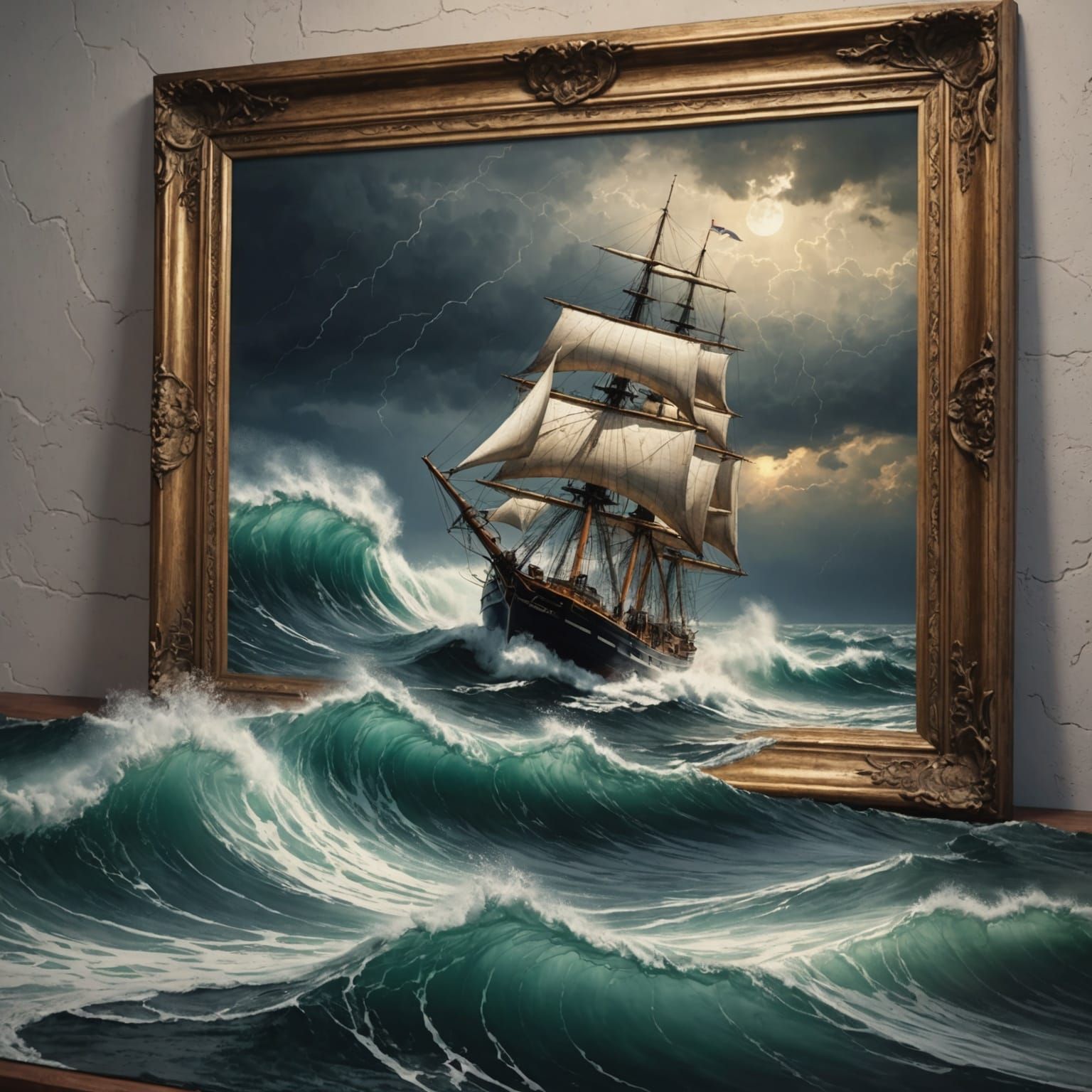 Hyperrealistic Engraving of a Sailboat in Stormy Seas
