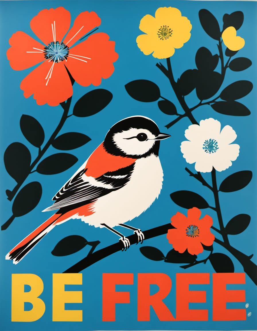Playful Long-Tailed Tit Silkscreen Print