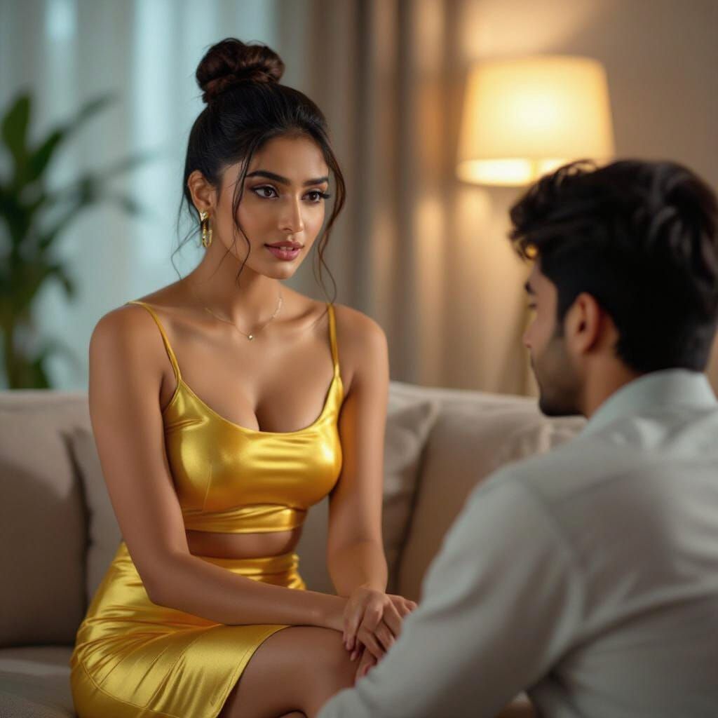 Serious Indian Woman in Yellow Skirt Talks to Man