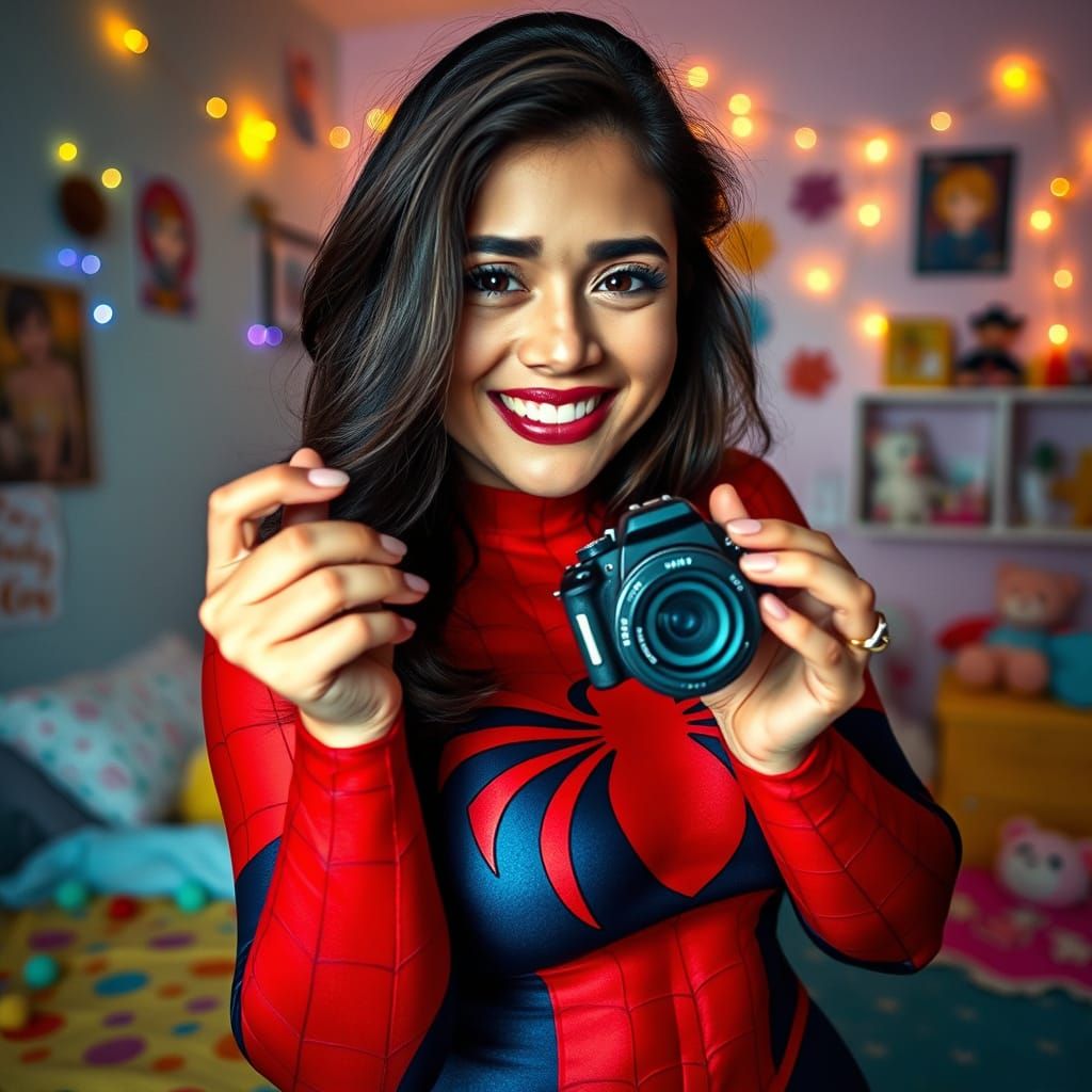 Mexican Woman in Spiderman Outfit Taking Selfie