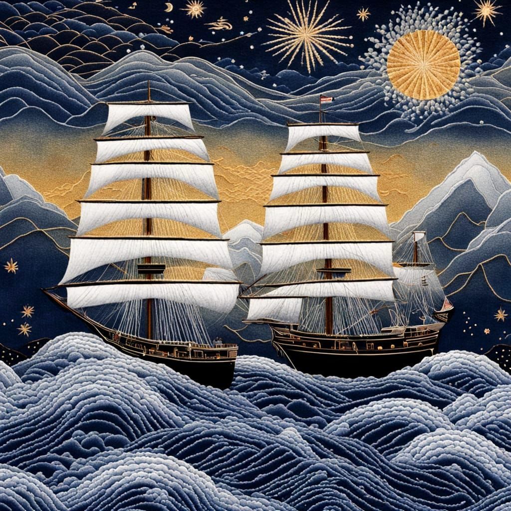 Indigo Night Sky Textile Art with Geometric Mountains and Ga...