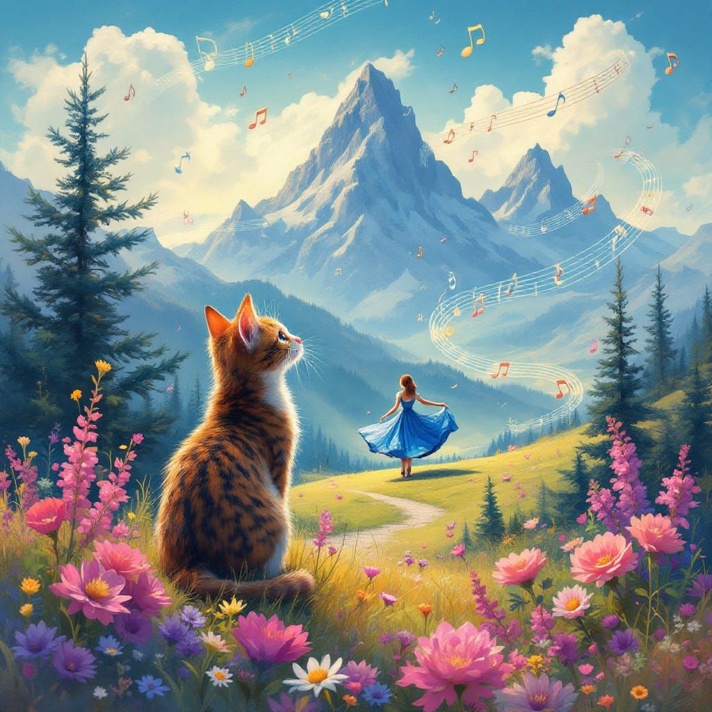 Whimsical Cat Enjoys Sound of Music in Impressionistic Style
