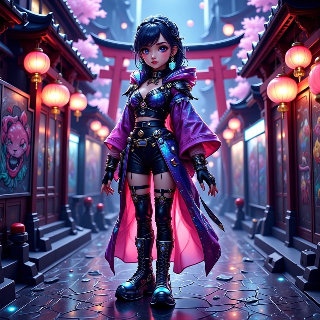 A stylish anime girl stands confidently in a neon-lit Tokyo alley, wearing a modern kimono.