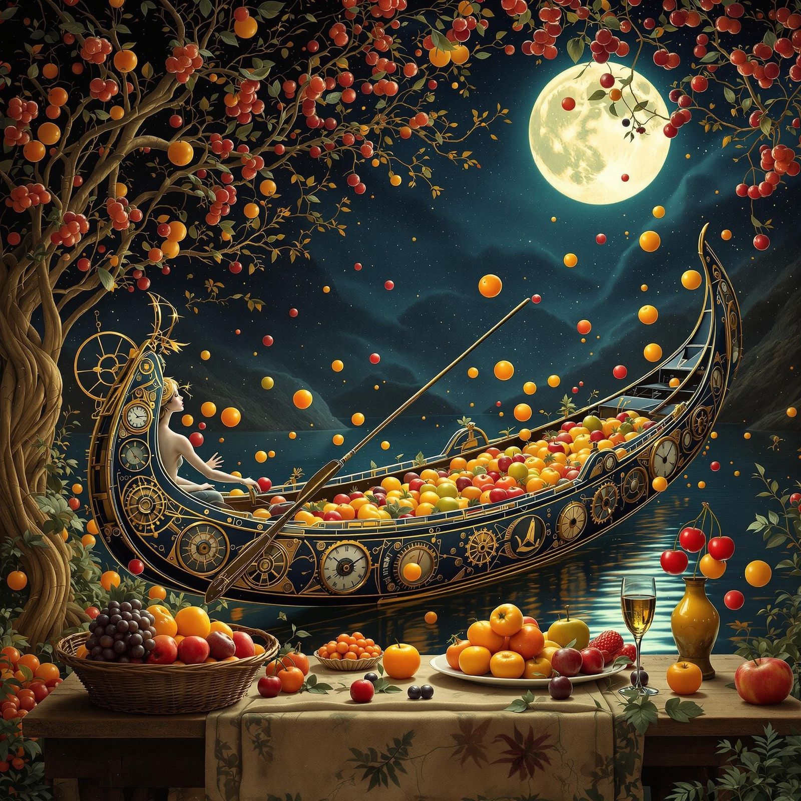 Art Nouveau Gondolier in Cyberpunk Canal