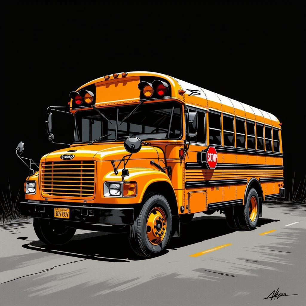 Hyperdetailed Cartoon School Bus in Vivid Orange