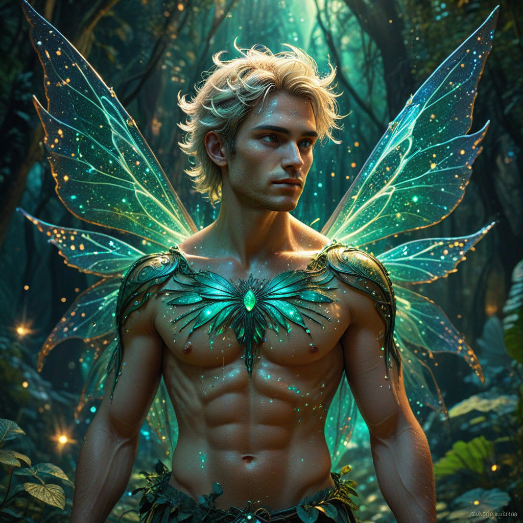 Tall, Muscular Fairy with Green Wings and Blond Hair in Cosm...