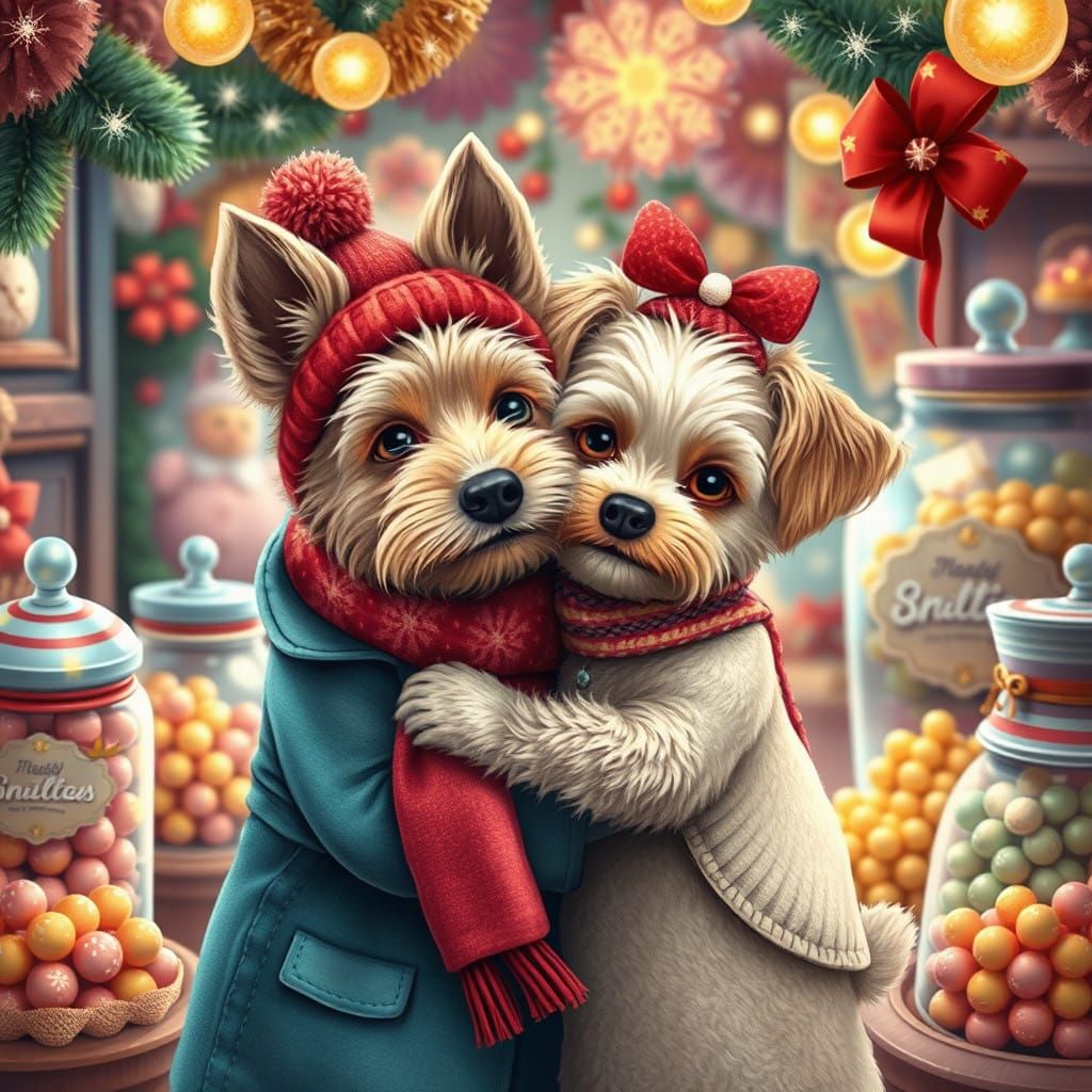 Silky Terrier and Toy Poodle Hug in Whimsical Candy Store Sc...