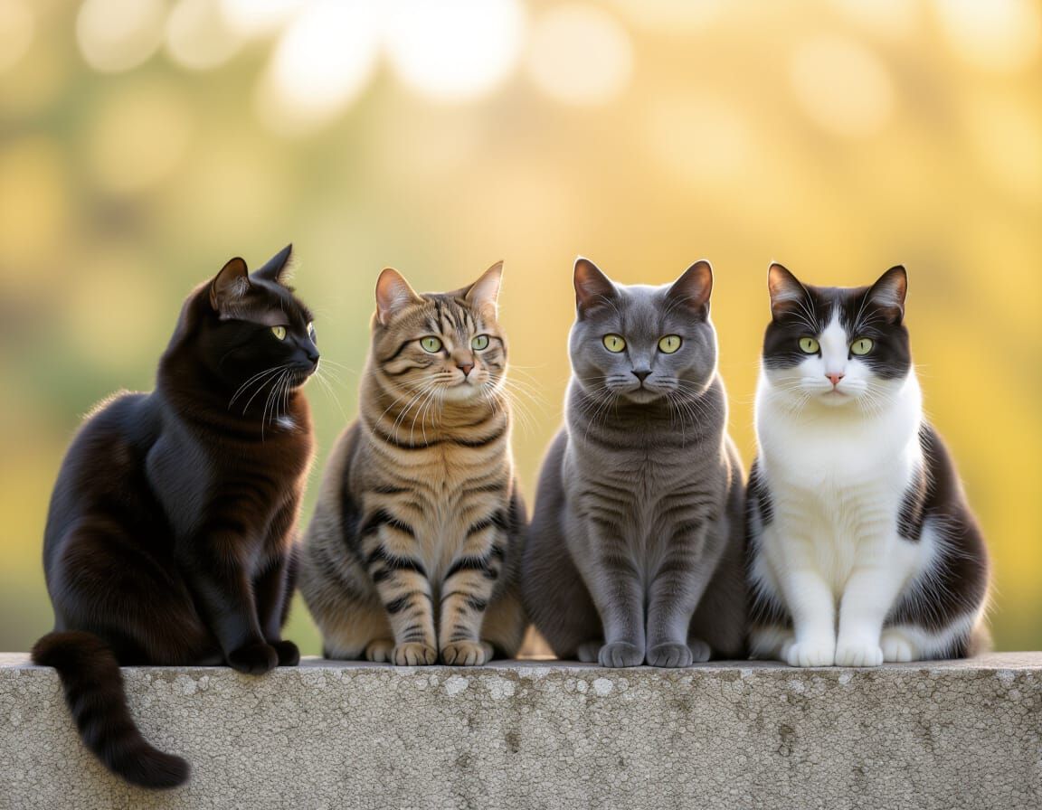 Four Cats on a Wall in Natural Light