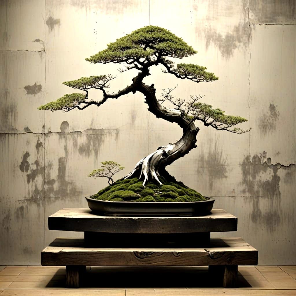 Haunting Wabi-Sabi Bonsai Scene with Decaying Wall