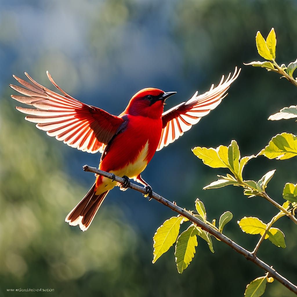 Backlit Red Warbler in Watercolor