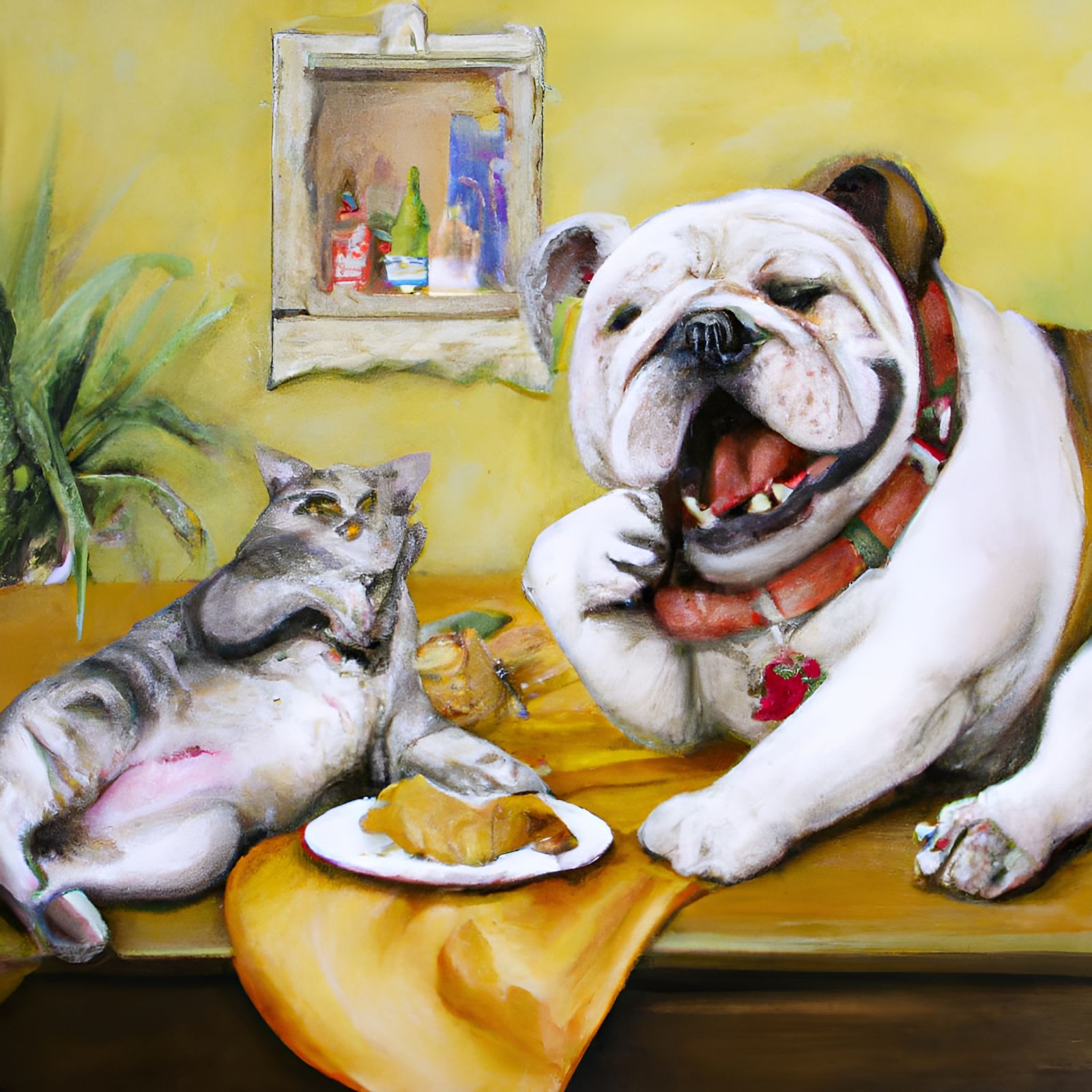 Funny Bulldog and Cat Dinner Oil Painting