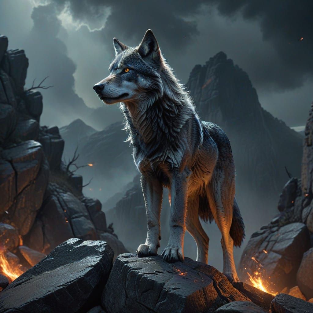 Powerful She-Wolf Surveys Wilderness in Dark Fantasy Style