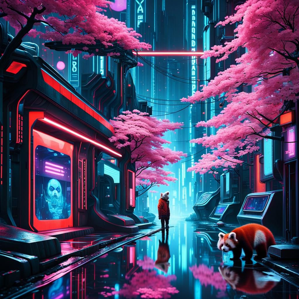 Red Panda with Sakura in Cyberpunk Neonscape