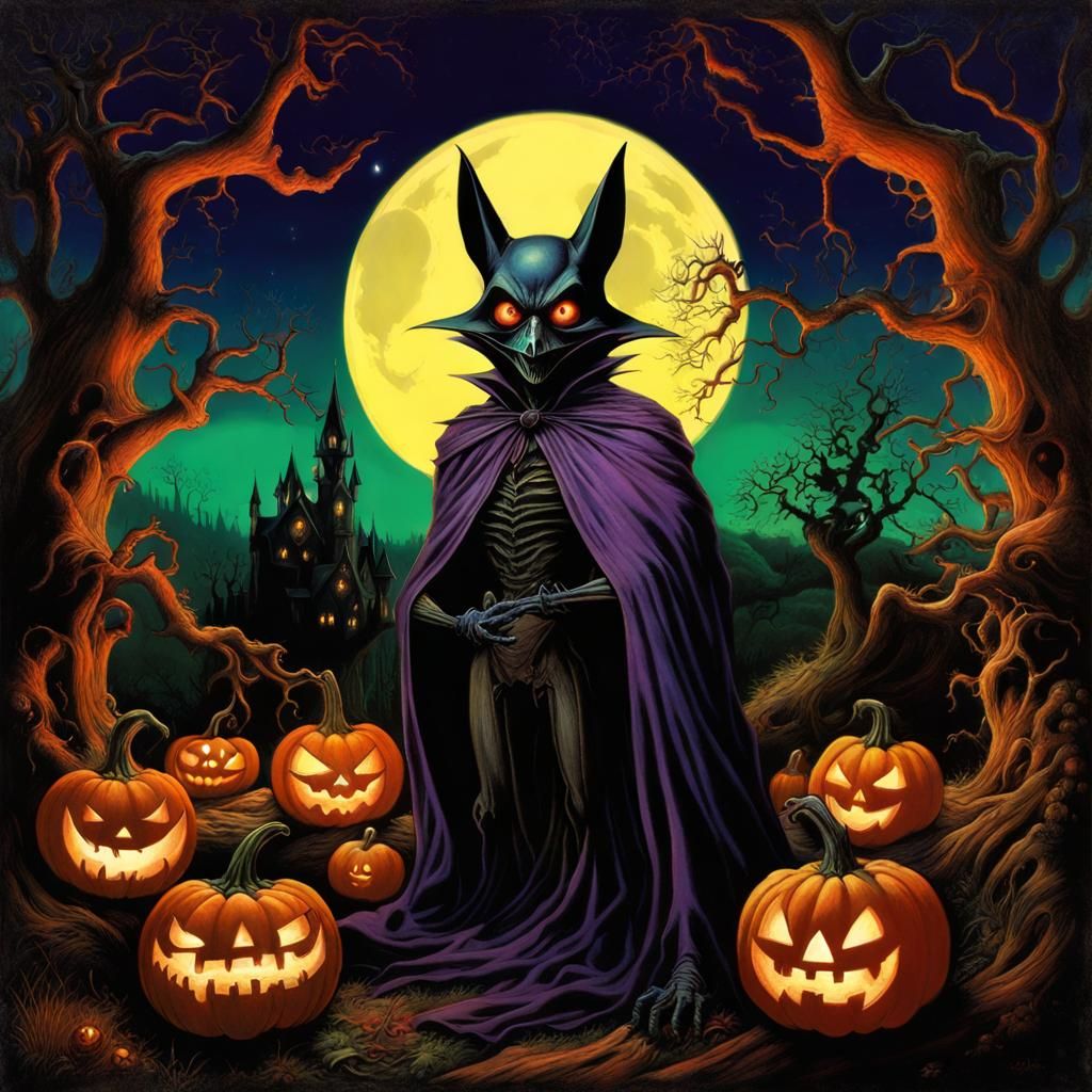 Gothic Bat Deity in Art Nouveau Halloween Landscape