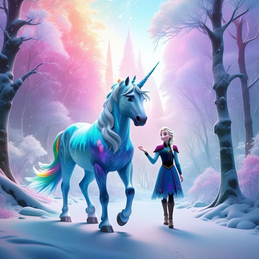 Elsa and Rainbow Unicorn in Snowy Forest