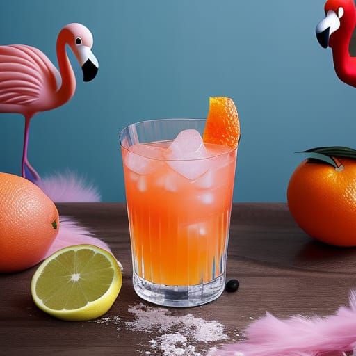 Flamingo on Ice with Orange Cocktail in Anime Style