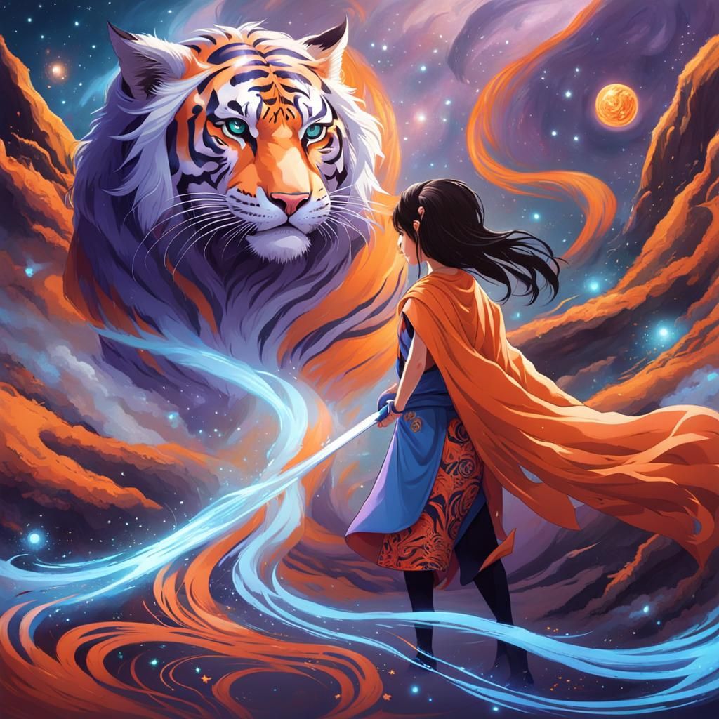 Girl, Tiger Spirit, and Cosmic Mountains in Epic Style