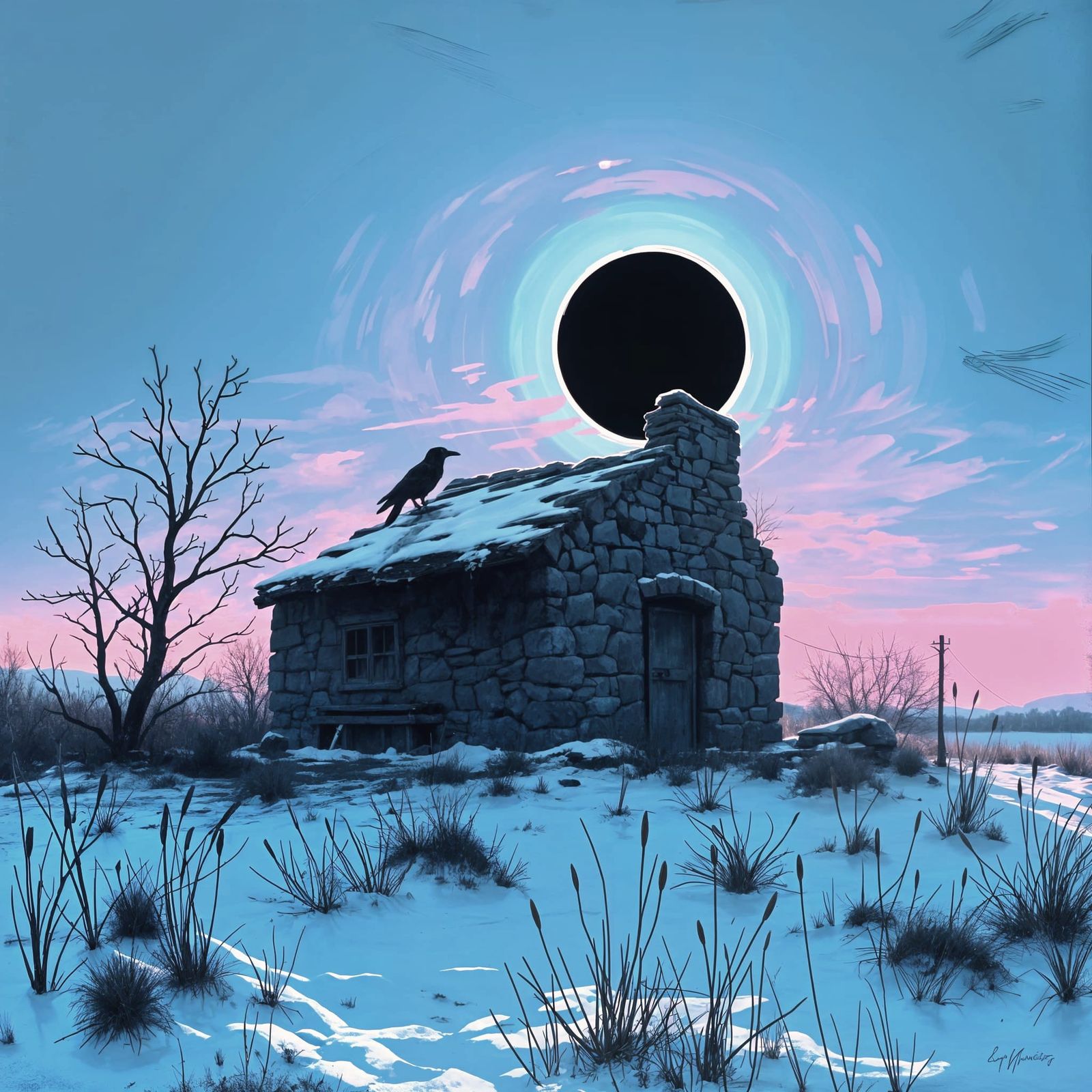 Black Sun Eclipse Over Ruined Cabin in Digital Art