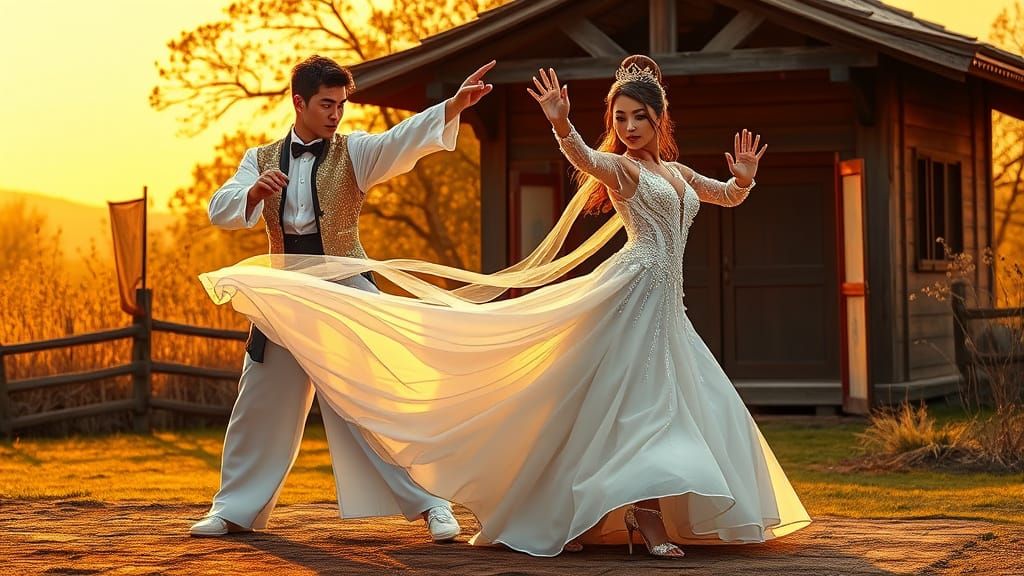 Bride and Groom in Dynamic Martial Arts Wedding Scene