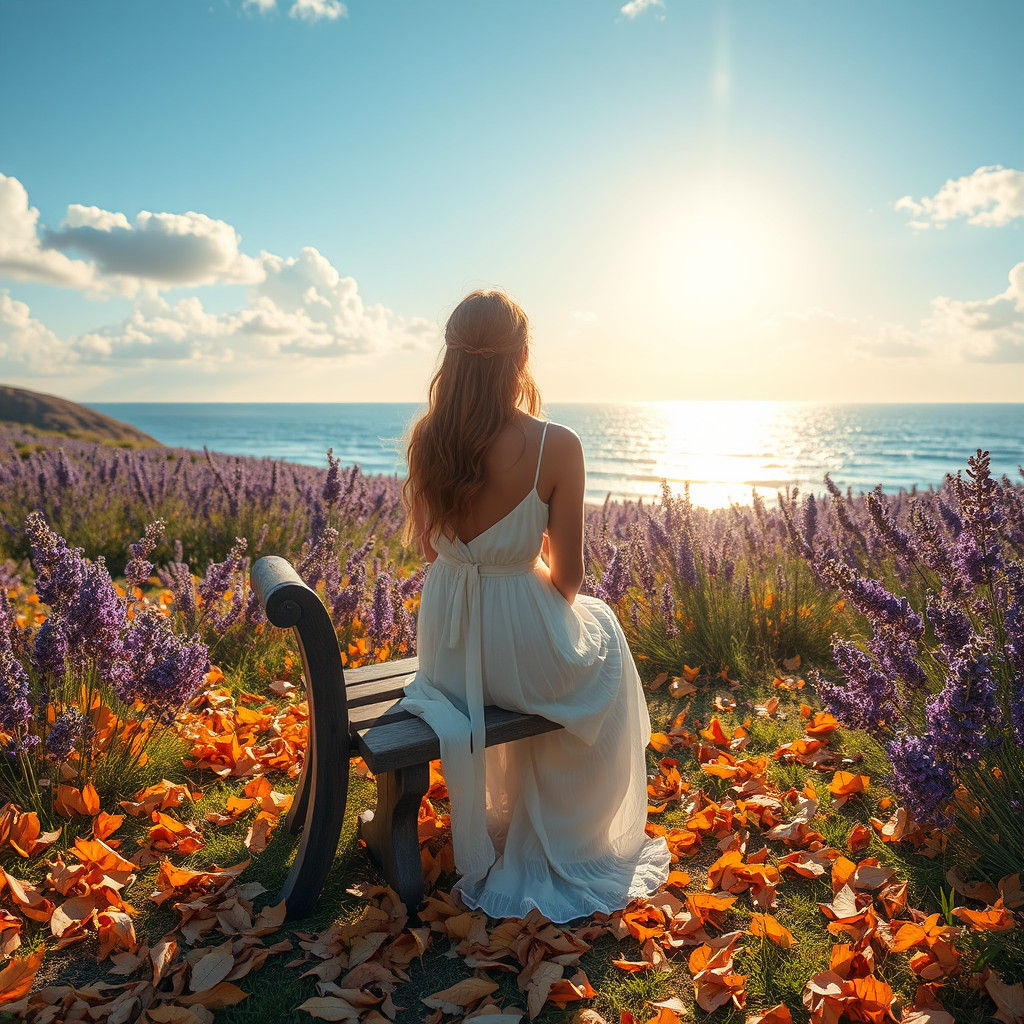 Woman on Bench in Lavender Field, Ethereal Art