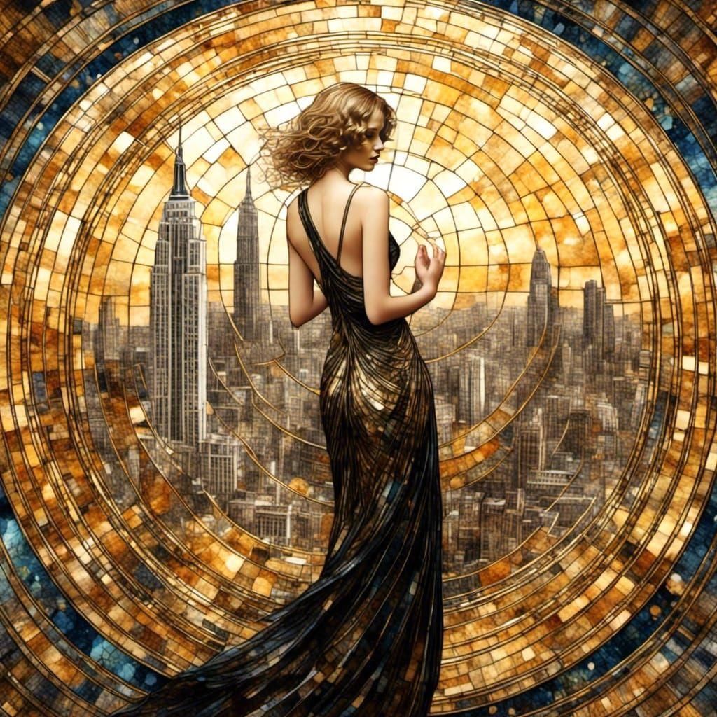 1920s Woman in Glass Sphere with Art Deco Skyline