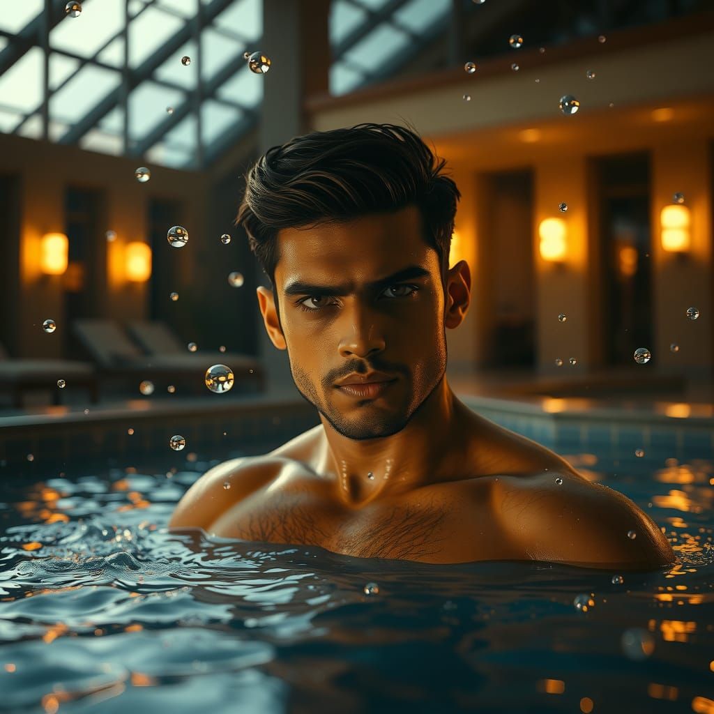 Athletic Man in Pool, Cinematic Golden Hour Photography