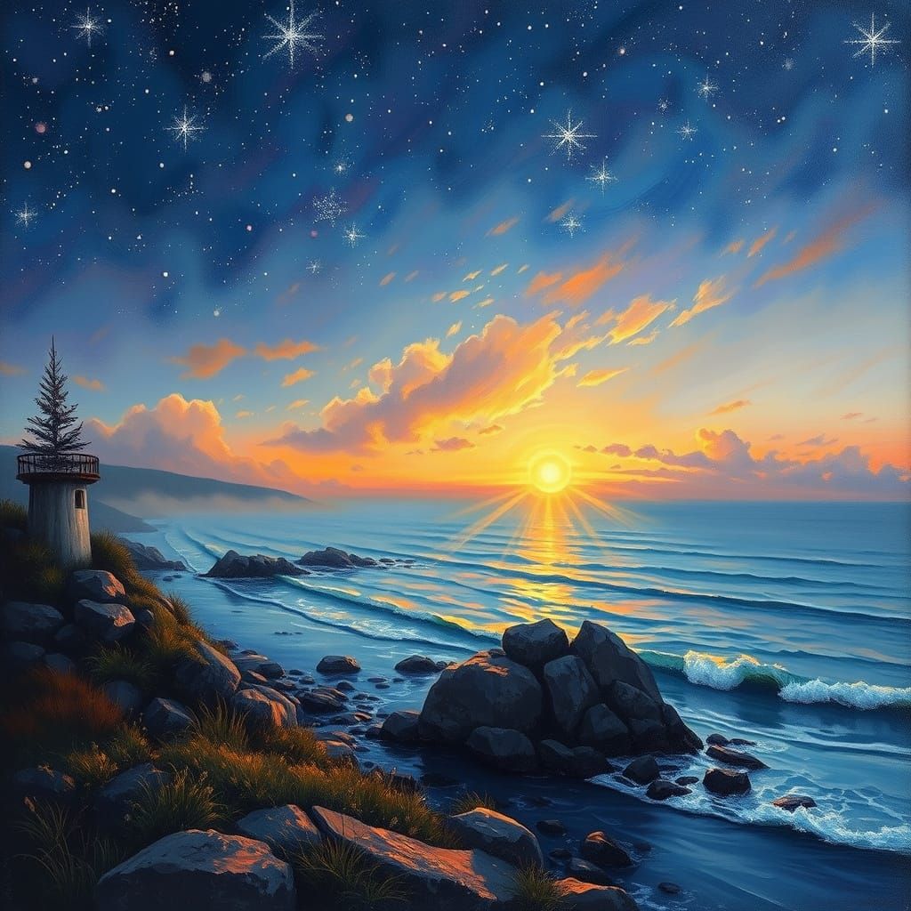 Seaside Sunset with Starry Sky in Post-Impressionist Style
