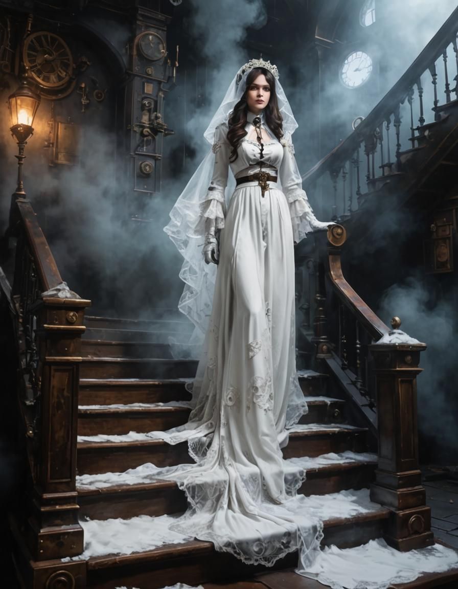 Monochrome Steampunk Scene in Ink Wash Style