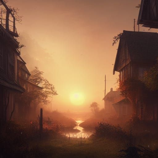 Overgrown Town at Sunset: Dark Fantasy Concept Art