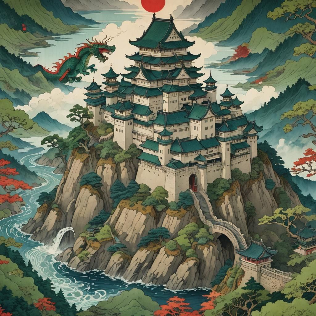 Japanese Ukiyo-e Castle with Dragon